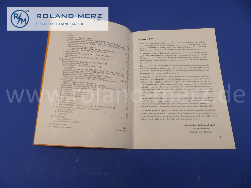 list of operating fluids, Mercedes passenger cars, trucks, Unimog, buses, contents: fuels, coolants, lubricants, brake fluids, fill quantities, edition 05/1958, original Mercedes document, NOS