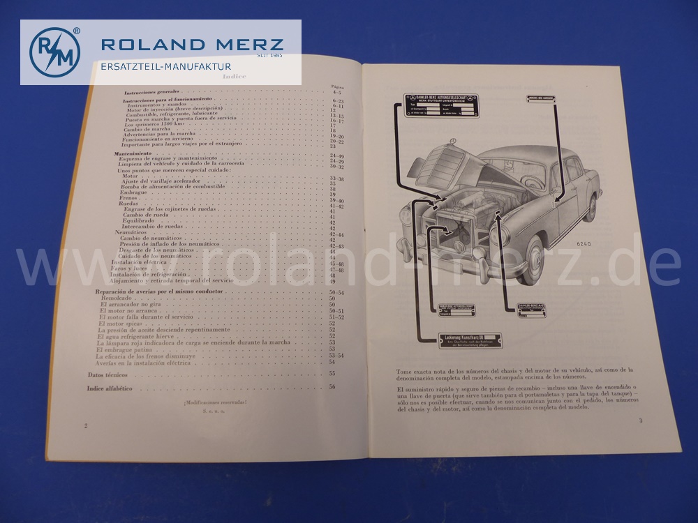 operating manual, spanish, Mercedes W128, 220SE, Ponton, edition 09/1958, 56 pages, edition A, original Mercedes document, NOS