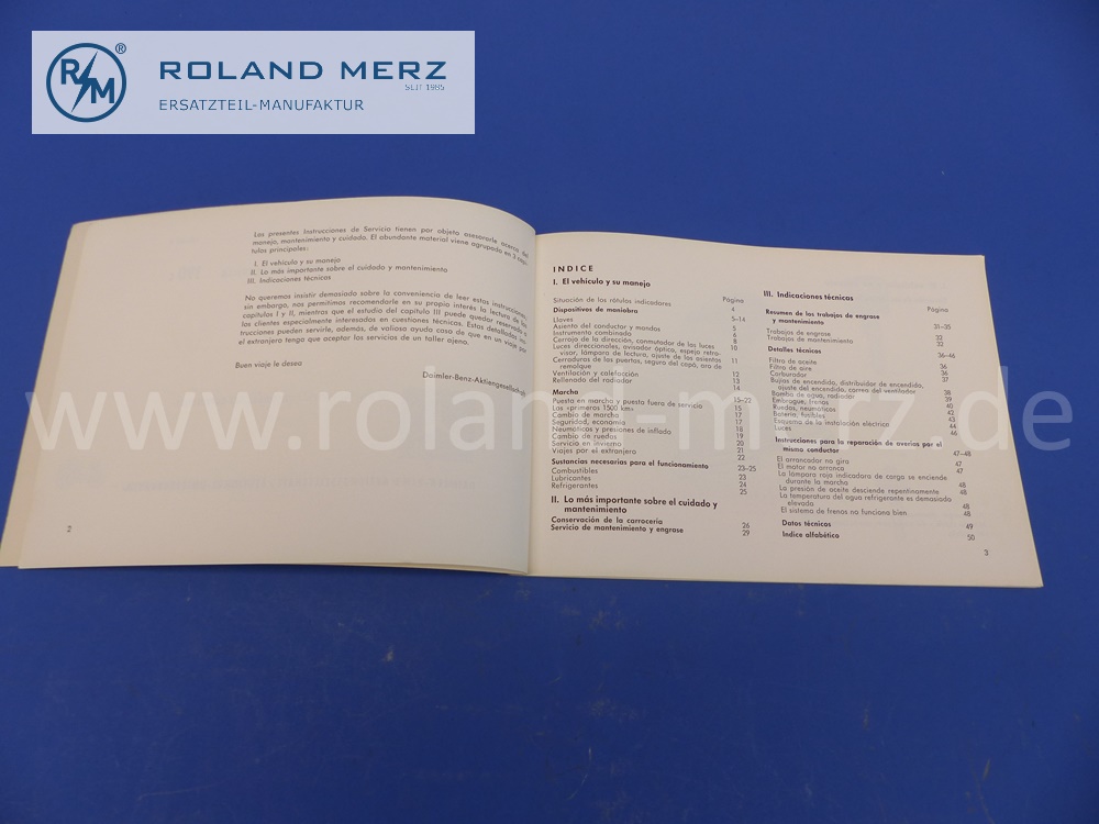 Original Mercedes W121, 190, Instrucciones de Servicio / Betriebsanleitung in spanisch 54 Seiten Ausgabe Okt. / 1961, original Mercedes Dokument, NOS