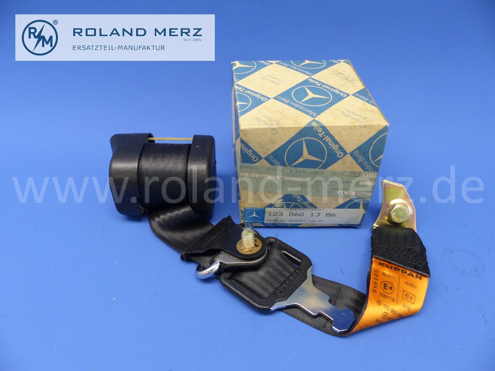 1238601386 Sicherheitsgurt Mercedes S123, 200T, 230T, 250T, 280TE, 240TD, 300TD, 300TDT, Fondsitz links, ohne Verschluss, Original Mercedes Neuteil, NOS