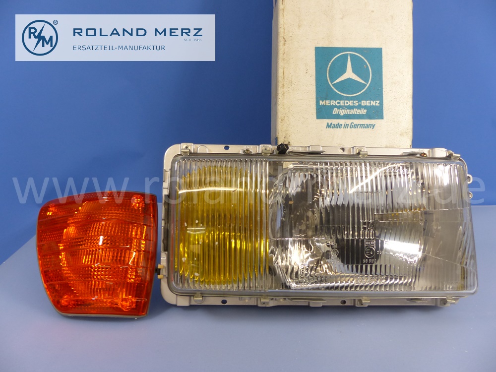 1168204261 Bosch lighting unit, headlamp, right, with turn signal lamp, yellow fog lamp, right hand traffic, Mercedes W116, original Mercedes spare-part, NOS