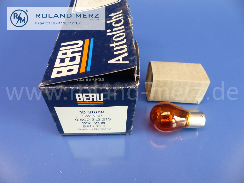 312213 Glühlampe Blinker, Blinkerbirne gelb, 12V, 21W, Beru 0500312213, BAU 15s, Original BERU Neuteil, NOS
