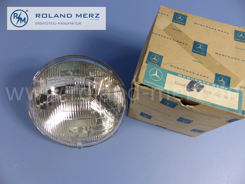 0008263699 General Electric beam unit, sealed beam, Halogen, left and right, Type 2, right hand traffic, Mercedes W107, W108, W109, W111, W112, W116, original Mercedes spare-part, NOS