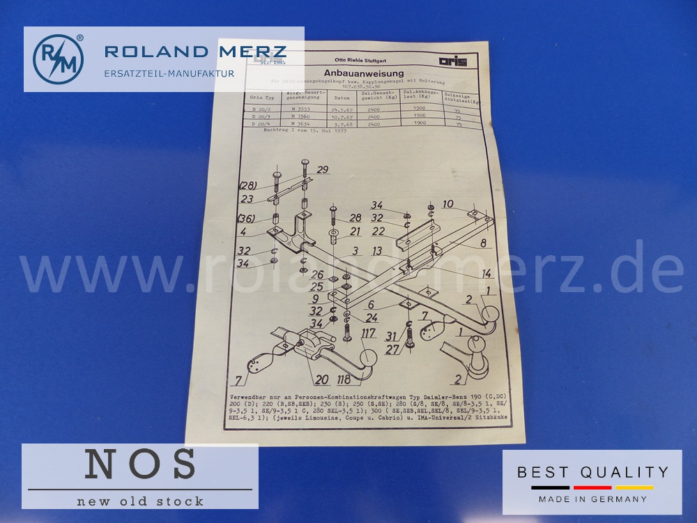 107.038.50.00 1070385000 Oris Montagesatz mechanisches Zubehör für Anhängerkupplung Mercedes 190c - 300SEL 6,3 Original Oris-Neuteil NOS