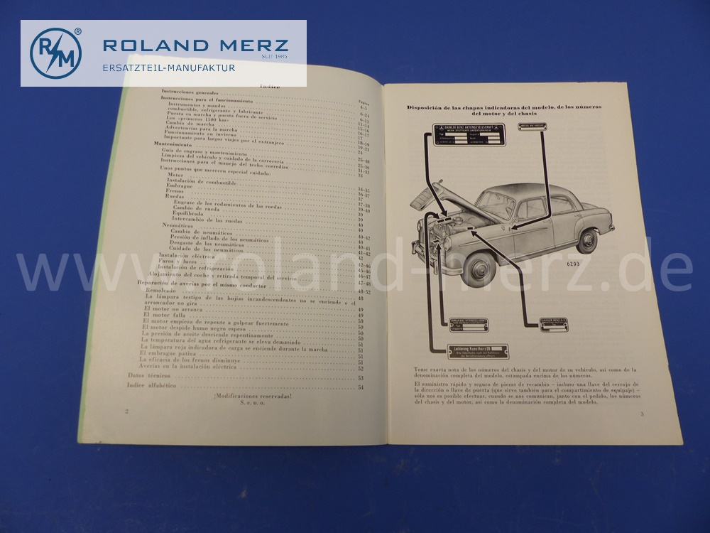 operating manual, spanish, Mercedes W121, 190D, Ponton, edition 09/1958, 54 pages, edition A, original Mercedes document, NOS