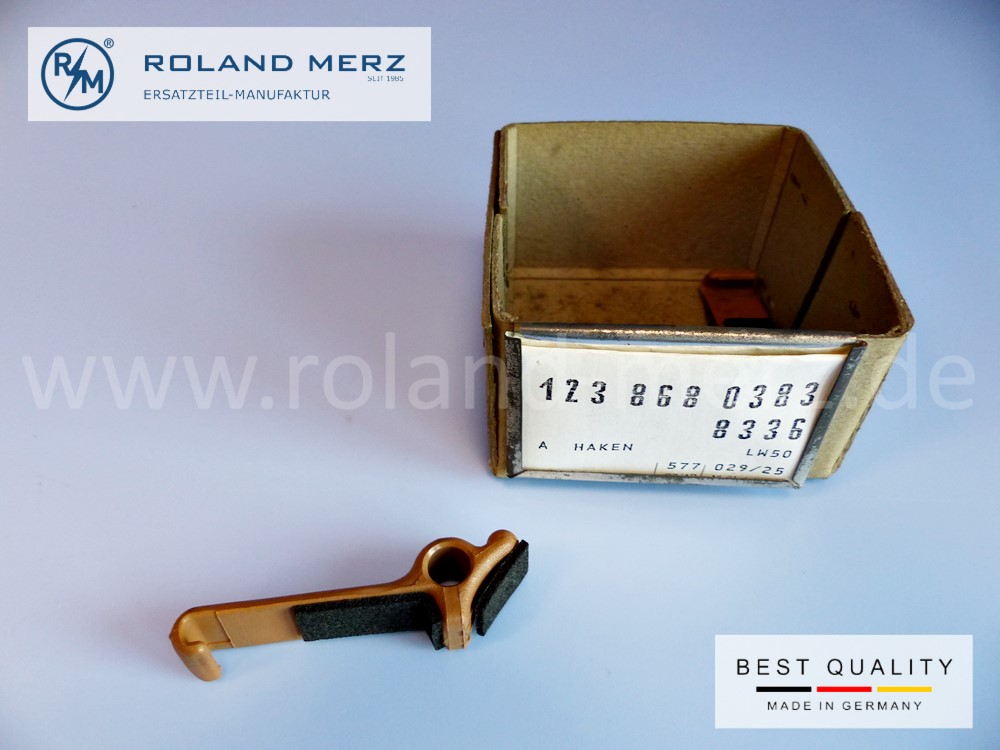 1238680383 hook, roller blind mounting, colour 8336, light brown, Mercedes W123 T-Model, S123, original MB spare part, NOS