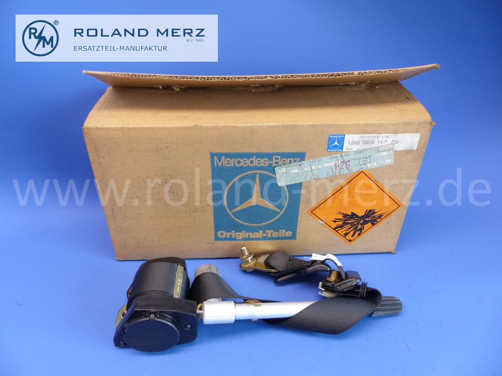 1268604786 Sicherheitsgurt Mercedes W126, 260SE, 280S, 280SE, 280SEL, 300SE, 300SEL, 380SE, 380SEL, 420SE, 420SEL, 500SE, 500SEL, 560SEL, 300SD Turbo, 300SDL Turbo, Fahrersitz links, ohne Verschluss, Original Mercedes Neuteil, NOS