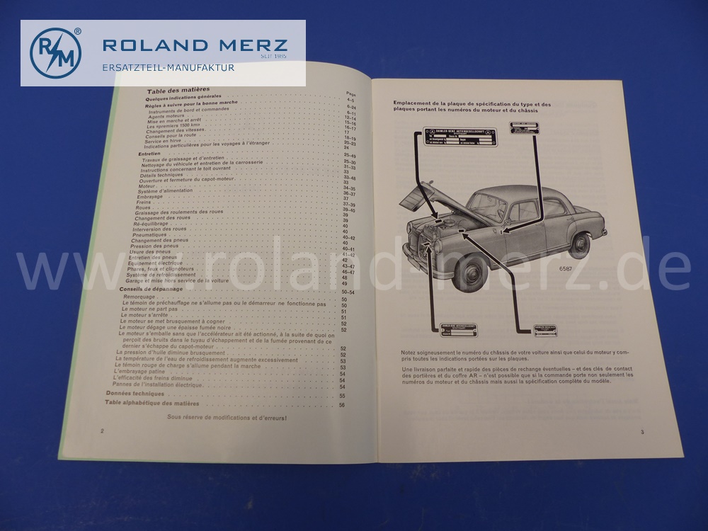 operating manual, french, Mercedes W121, Ponton, 190Db, edition 08/1960, 56 pages, edition B, original Mercedes document, NOS