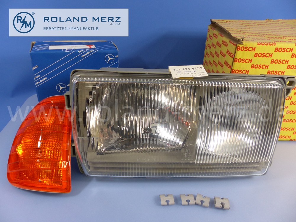 1238200259 Bosch lighting unit, headlamp, H4, right, with turn signal lamp, right hand traffic, Mercedes W123, original Mercedes spare-part, NOS