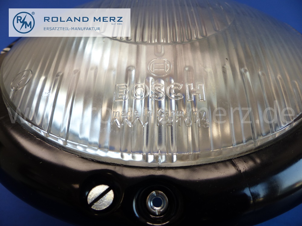 0008201561 Scheinwerfer Bosch, symmetrisch, komplett mit schwarzem Ring für Mercedes 220, 220AC, 220BC und Ponton 180, 190 und 220S, frühe Ausführung bis 1957, 0300804010, Mercedes – Bosch Originatleil, NOS