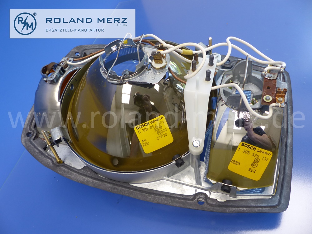 0301854101 head lamp, right hand traffic, Halogen H4, Mercedes W114, W115, Strich 8, E:1158206361, original Bosch spare part, NOS